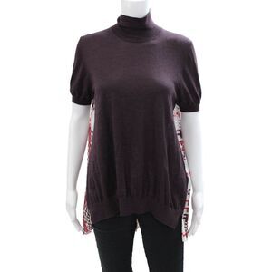 MRZ Womens Wool Geometric Panel High Neck Short Sleeve Blouse Purple Size L